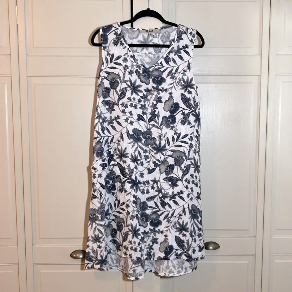 Flax Sleeveless Linen Dress White, Blue, Gray Floral Size S EUC